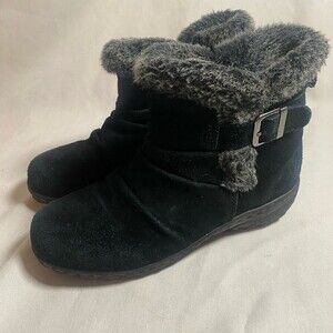 Khombu Lindsay leather suede winter boots faux fur 7 buckle lagen cottage
